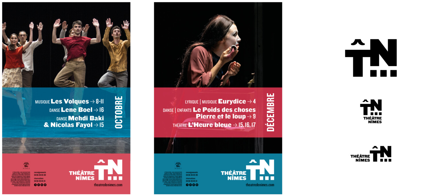 Théâtre de Nîmes | Réponse à un appel à projet pour la nouvelle identité visuelle : création du logo et de la charte graphique.
J’ai travaillé sur deux ébauches de logos et des affiches explorant deux pistes assez différentes  pour une réalisation en interne. 